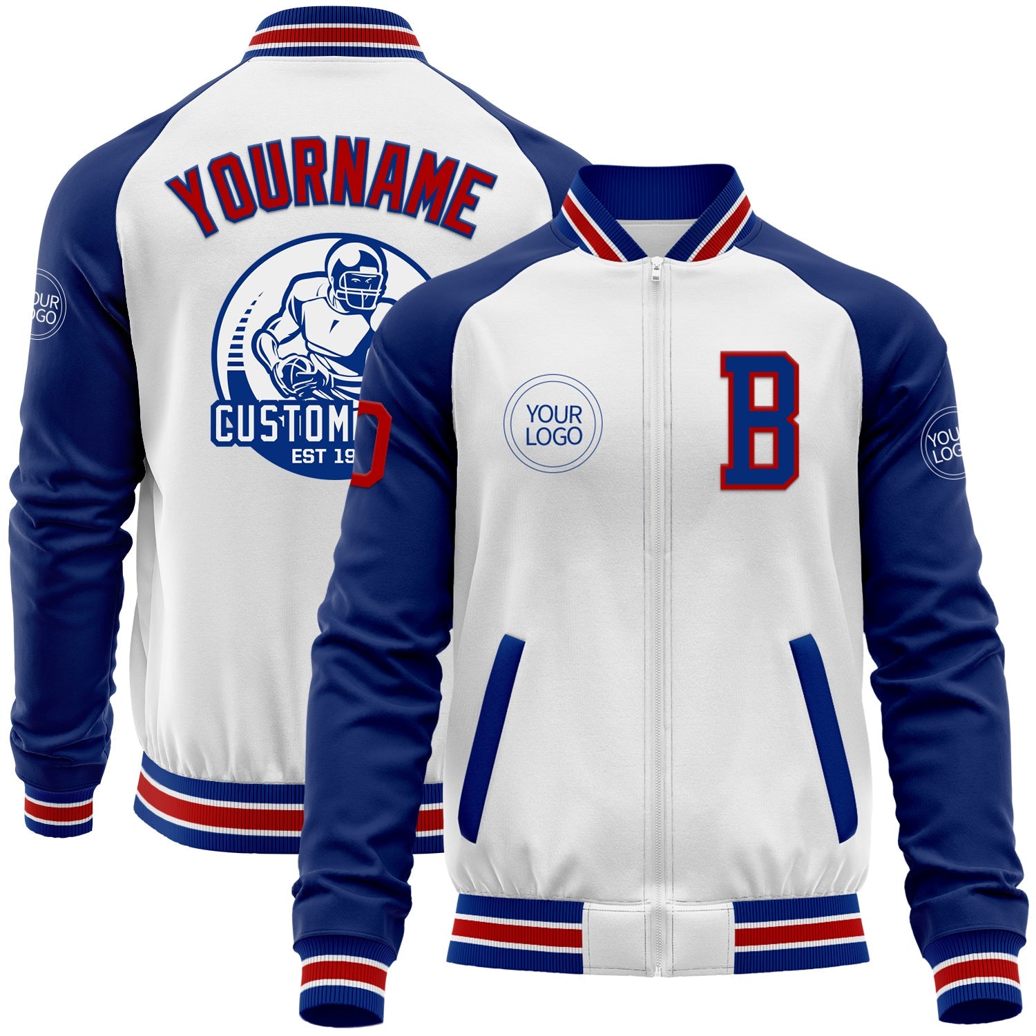 Custom White Red-Royal Bomber Varsity Letterman Two Tone Zipper Jacket - Main View