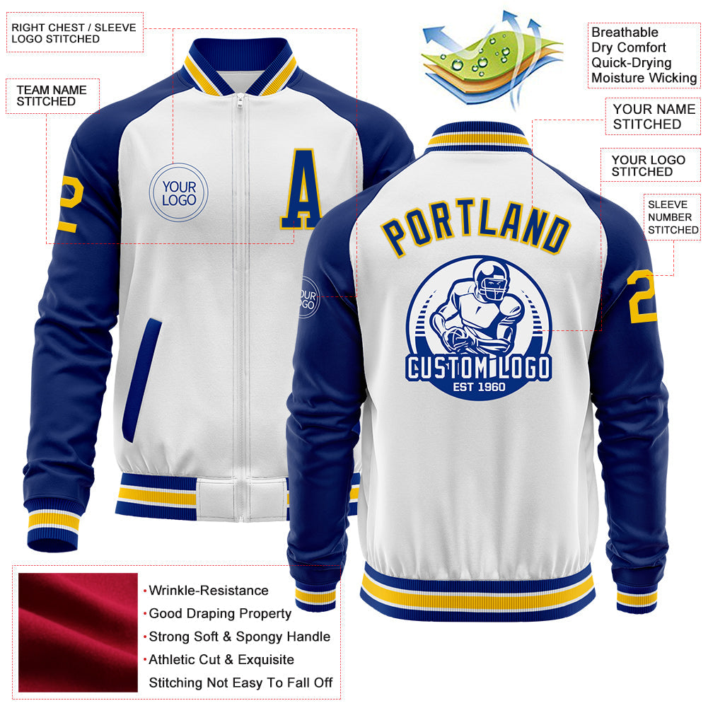 Custom White Yellow-Royal Bomber Varsity Letterman Two Tone Zipper Jacket view 4