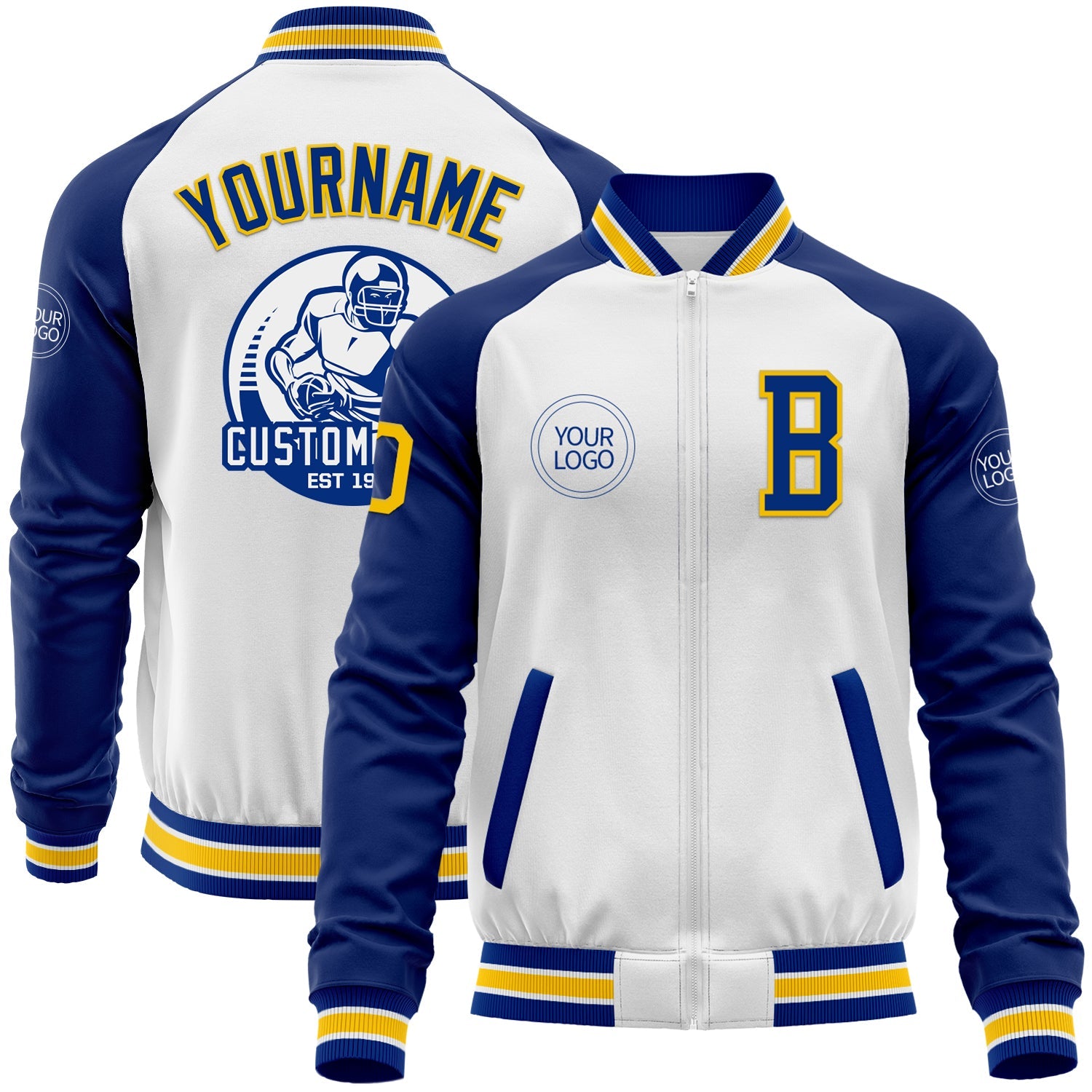 Custom White Yellow-Royal Bomber Varsity Letterman Two Tone Zipper Jacket - Main View