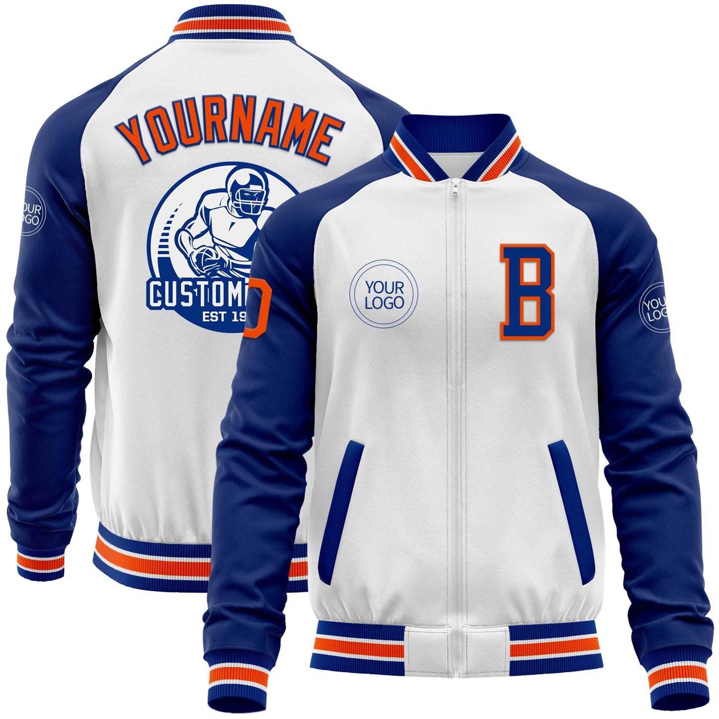 Custom White Orange-Royal Bomber Varsity Letterman Two Tone Zipper Jacket - Main View