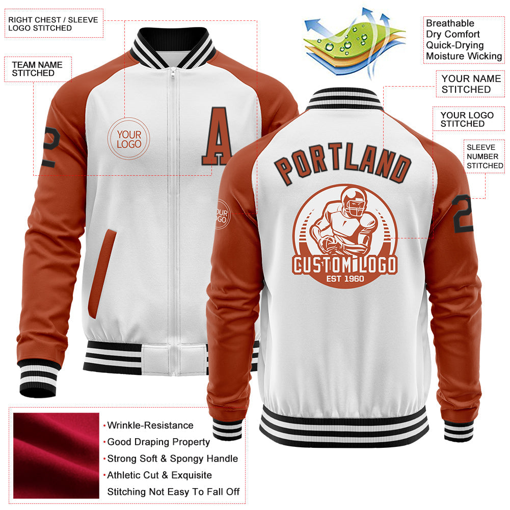 Custom White Black-Texas Orange Bomber Varsity Letterman Two Tone Zipper Jacket view 4