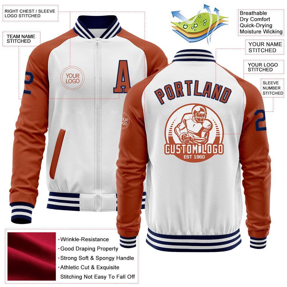 Custom White Navy-Texas Orange Bomber Varsity Letterman Two Tone Zipper Jacket view 4