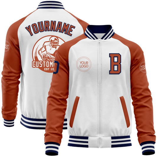 Custom White Navy-Texas Orange Bomber Varsity Letterman Two Tone Zipper Jacket - Main View