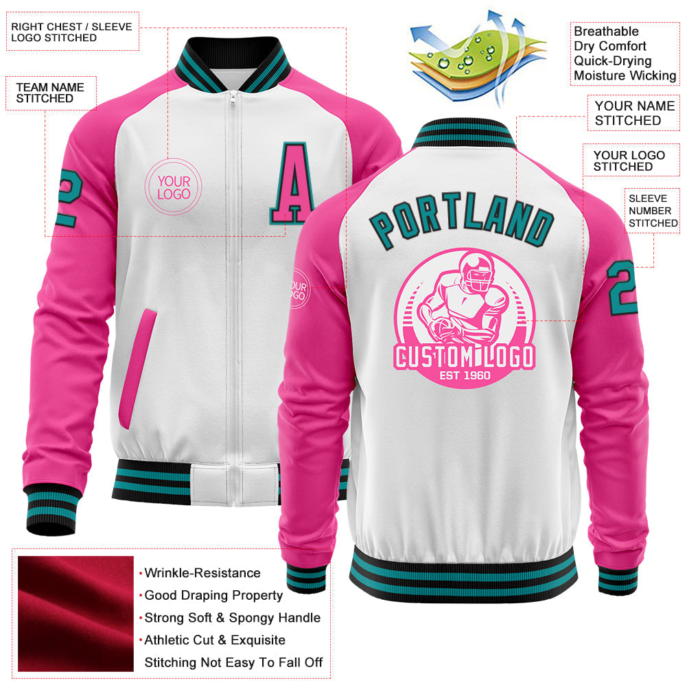 Custom White Teal Black-Pink Bomber Varsity Letterman Two Tone Zipper Jacket view 4