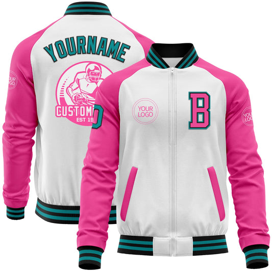 Custom White Teal Black-Pink Bomber Varsity Letterman Two Tone Zipper Jacket - Main View