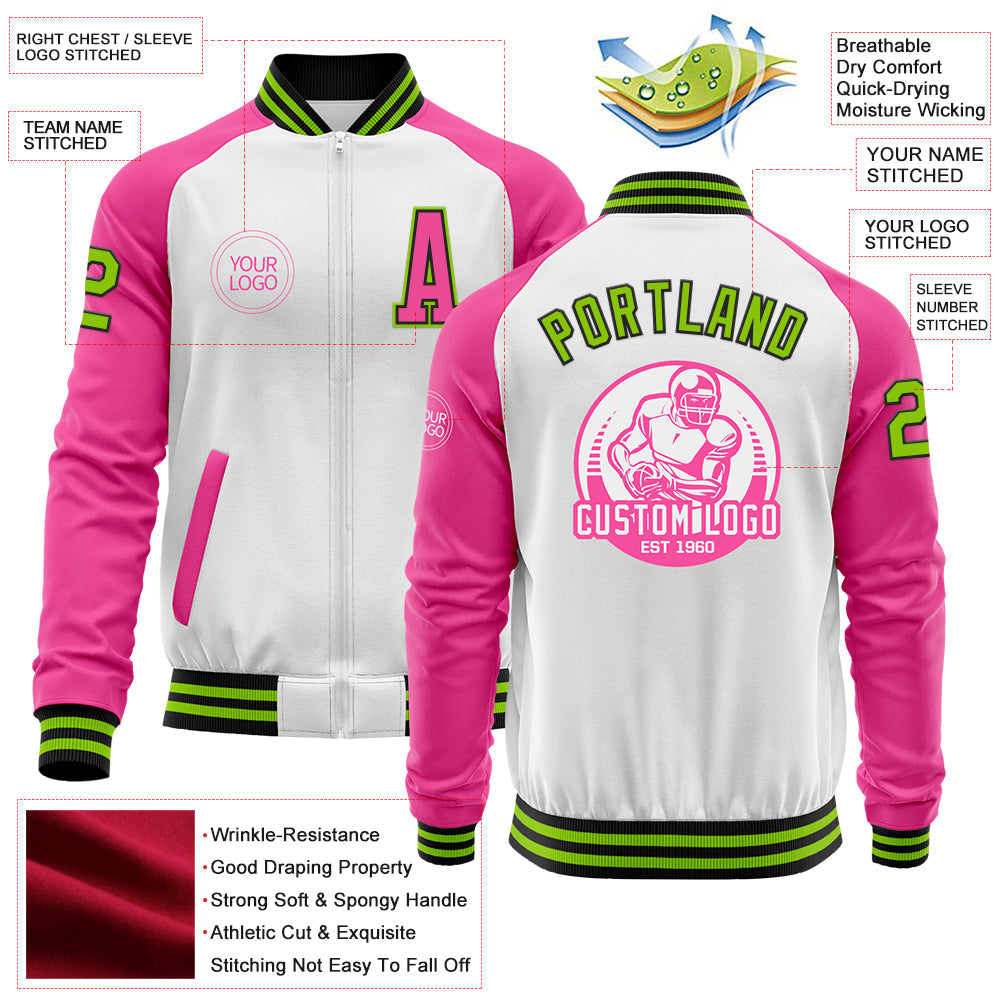 Custom White Neon Green Black-Pink Bomber Varsity Letterman Two Tone Zipper Jacket view 4
