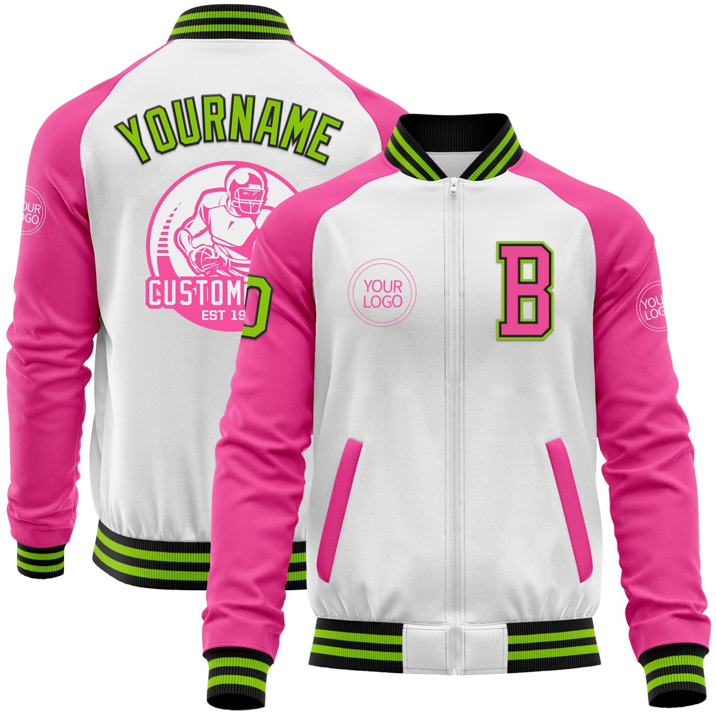 Custom White Neon Green Black-Pink Bomber Varsity Letterman Two Tone Zipper Jacket - Main View