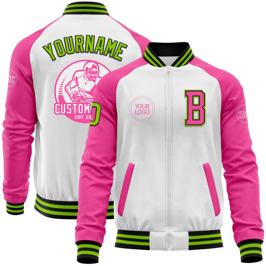 Custom White Neon Green Black-Pink Bomber Varsity Letterman Two Tone Zipper Jacket - Main View