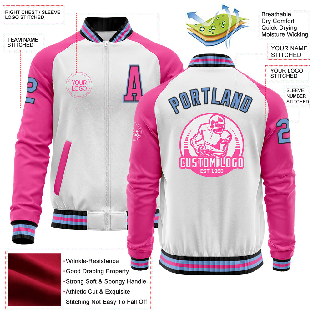 Custom White Light Blue Black-Pink Bomber Varsity Letterman Two Tone Zipper Jacket view 4