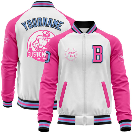 Custom White Light Blue Black-Pink Bomber Varsity Letterman Two Tone Zipper Jacket - Main View