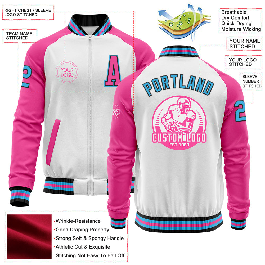 Custom White Sky Blue Black-Pink Bomber Varsity Letterman Two Tone Zipper Jacket view 4