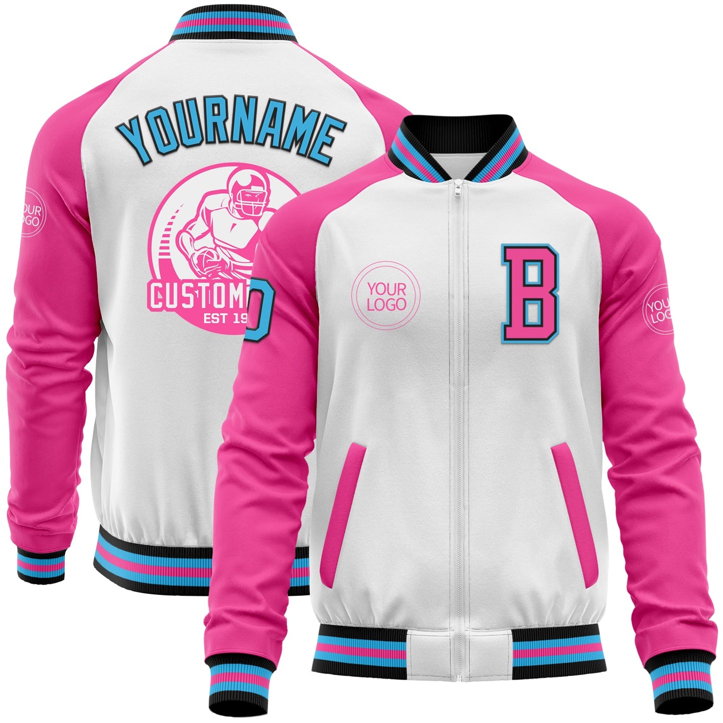 Custom White Sky Blue Black-Pink Bomber Varsity Letterman Two Tone Zipper Jacket - Main View