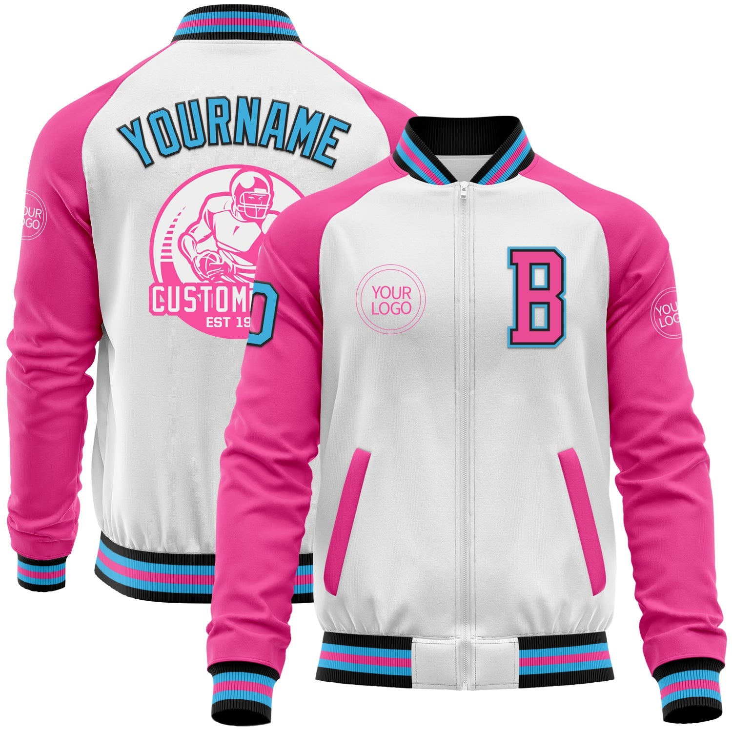 Custom White Sky Blue Black-Pink Bomber Varsity Letterman Two Tone Zipper Jacket - Main View