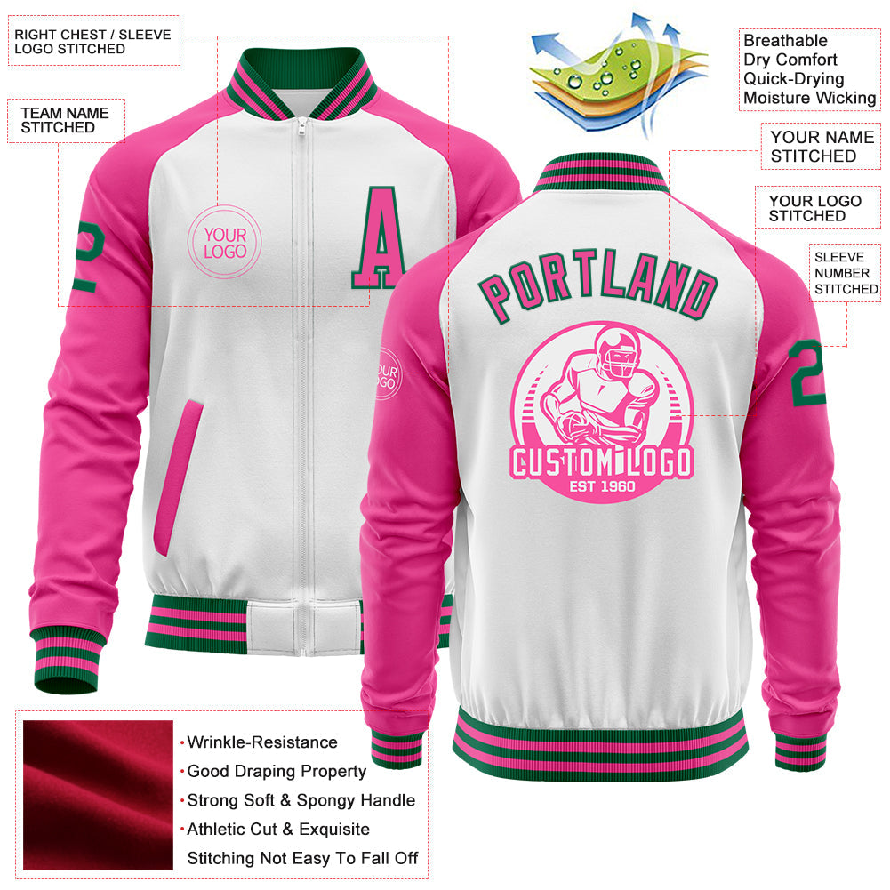Custom White Kelly Green-Pink Bomber Varsity Letterman Two Tone Zipper Jacket view 4