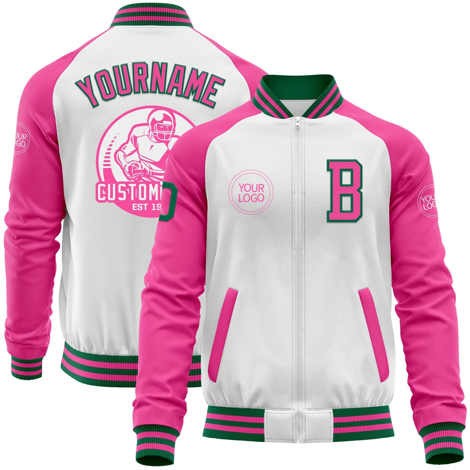 Custom White Kelly Green-Pink Bomber Varsity Letterman Two Tone Zipper Jacket - Main View