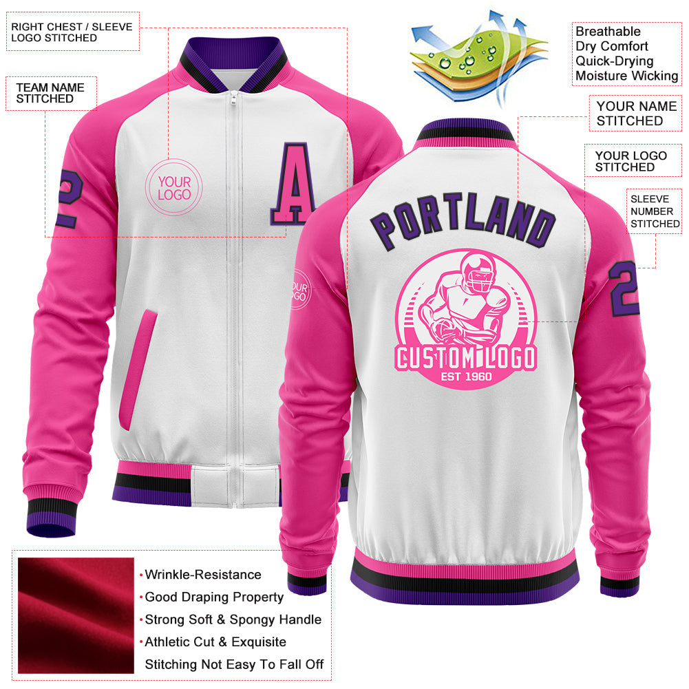 Custom White Purple Black-Pink Bomber Varsity Letterman Two Tone Zipper Jacket view 4