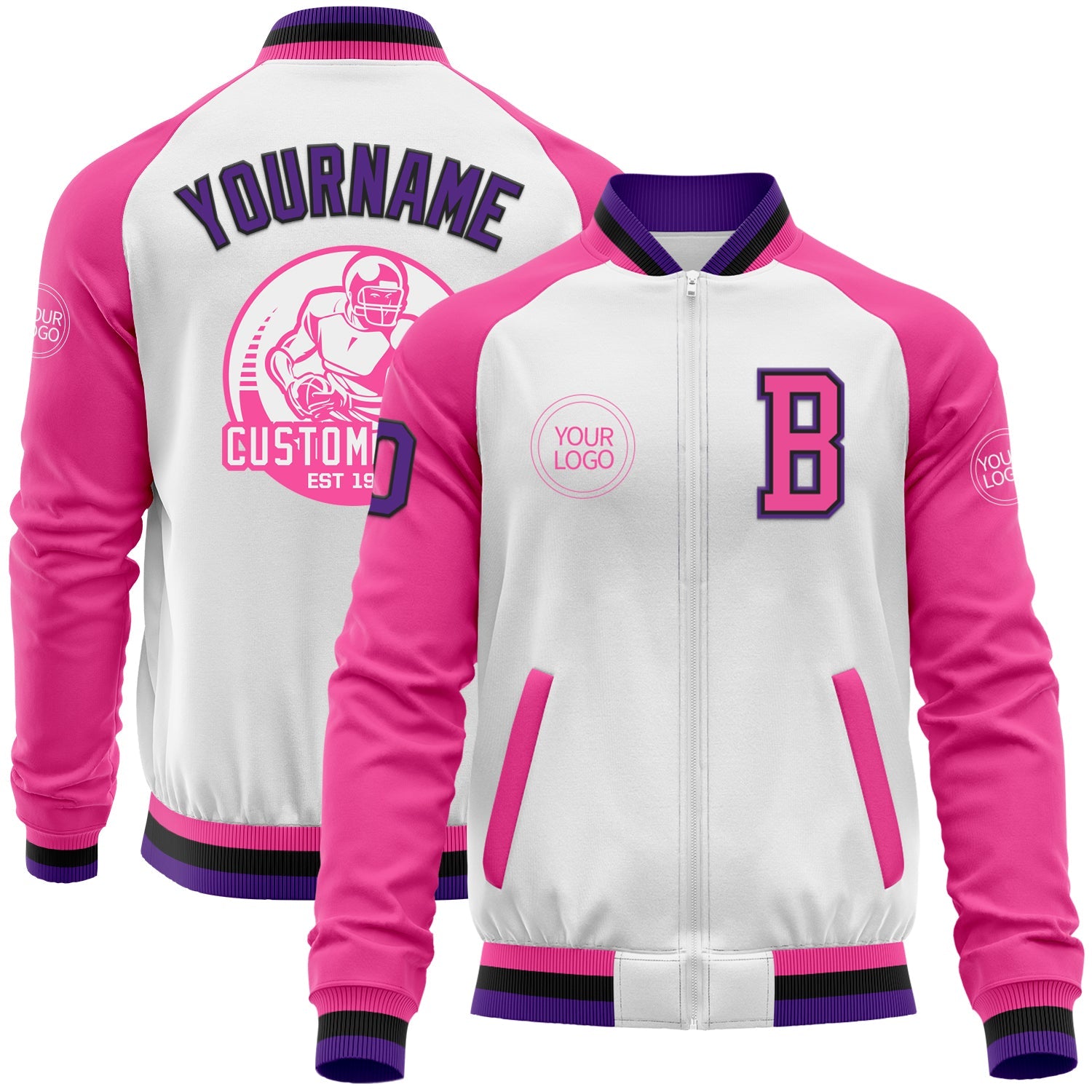 Custom White Purple Black-Pink Bomber Varsity Letterman Two Tone Zipper Jacket - Main View
