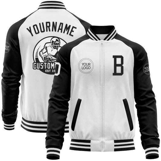 Custom White Black Bomber Varsity Letterman Two Tone Zipper Jacket - Main View