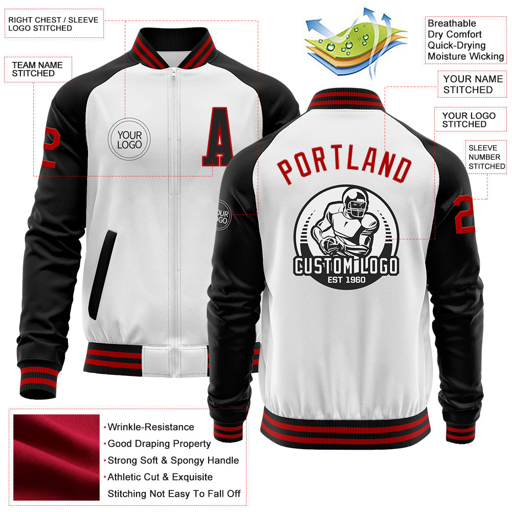Custom White Red-Black Bomber Varsity Letterman Two Tone Zipper Jacket view 4
