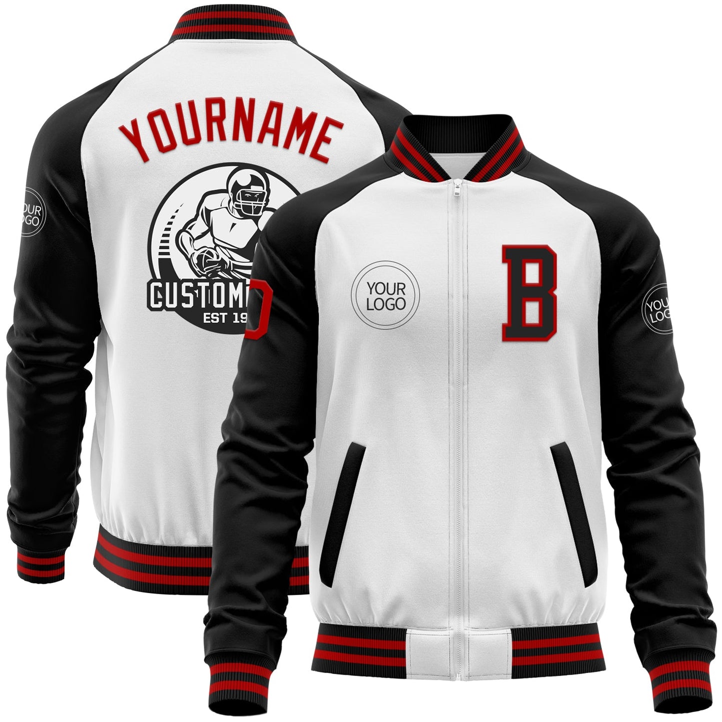 Custom White Red-Black Bomber Varsity Letterman Two Tone Zipper Jacket - Main View