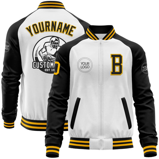 Custom White Gold-Black Bomber Varsity Letterman Two Tone Zipper Jacket - Main View