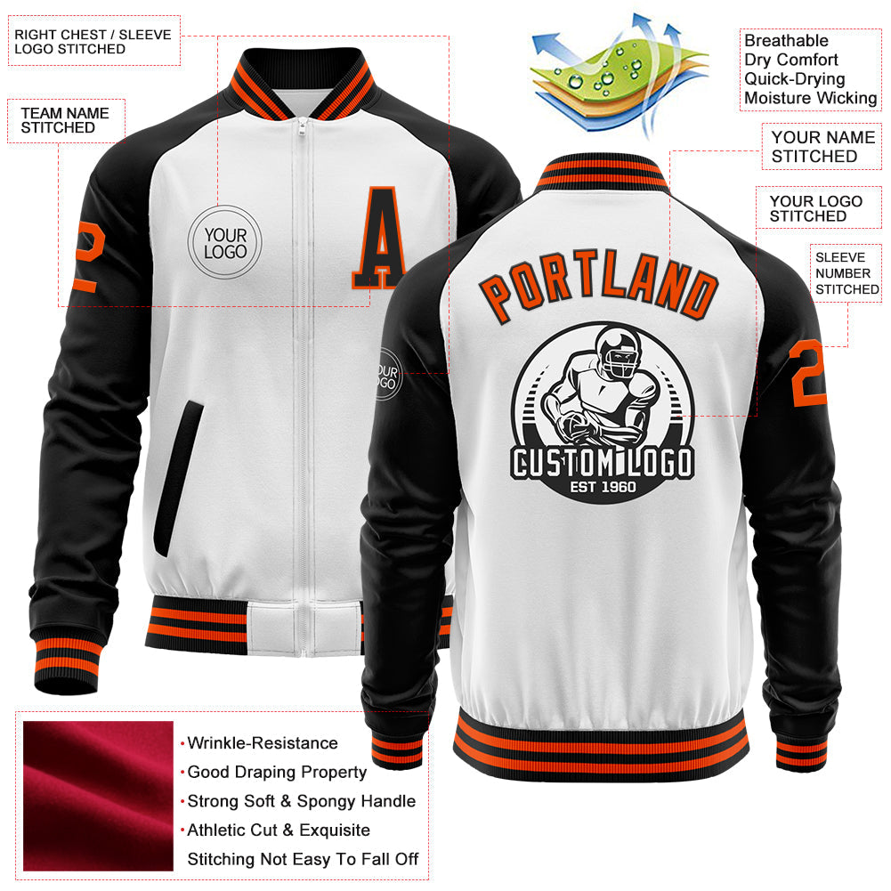 Custom White Orange-Black Bomber Varsity Letterman Two Tone Zipper Jacket view 4