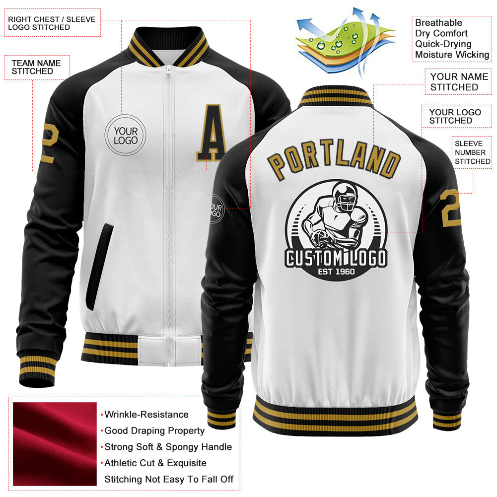 Custom White Old Gold-Black Bomber Varsity Letterman Two Tone Zipper Jacket view 4