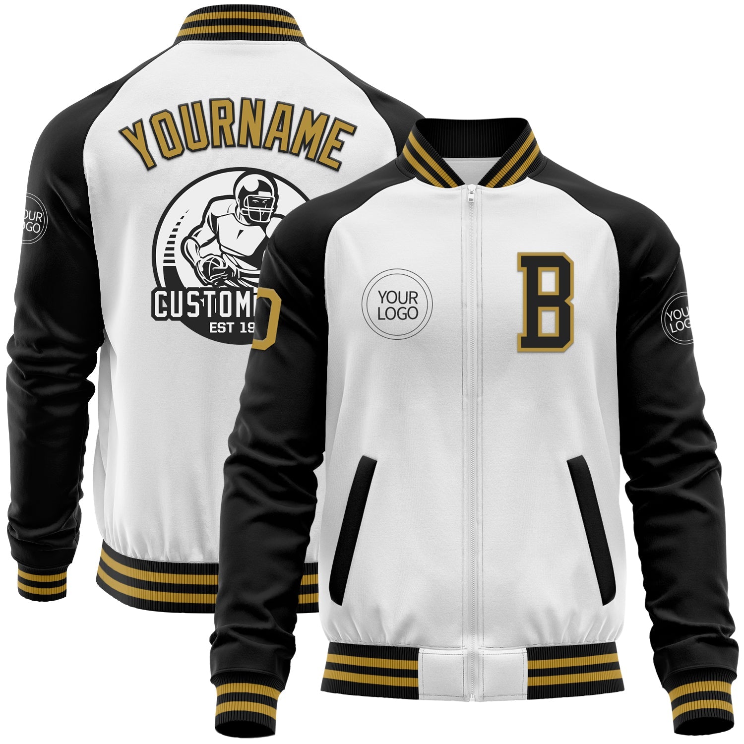 Custom White Old Gold-Black Bomber Varsity Letterman Two Tone Zipper Jacket - Main View