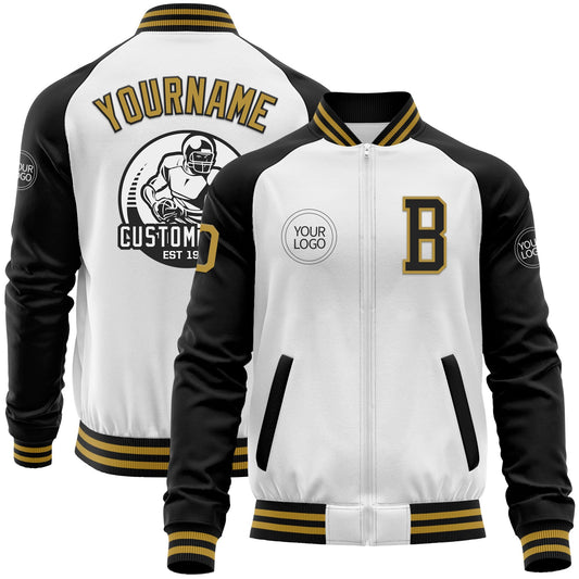 Custom White Old Gold-Black Bomber Varsity Letterman Two Tone Zipper Jacket - Main View