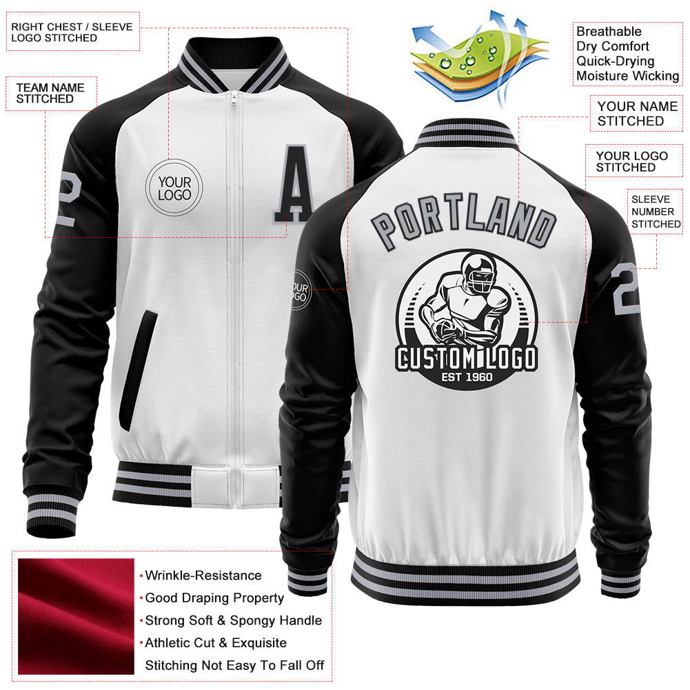 Custom White Gray-Black Bomber Varsity Letterman Two Tone Zipper Jacket view 4