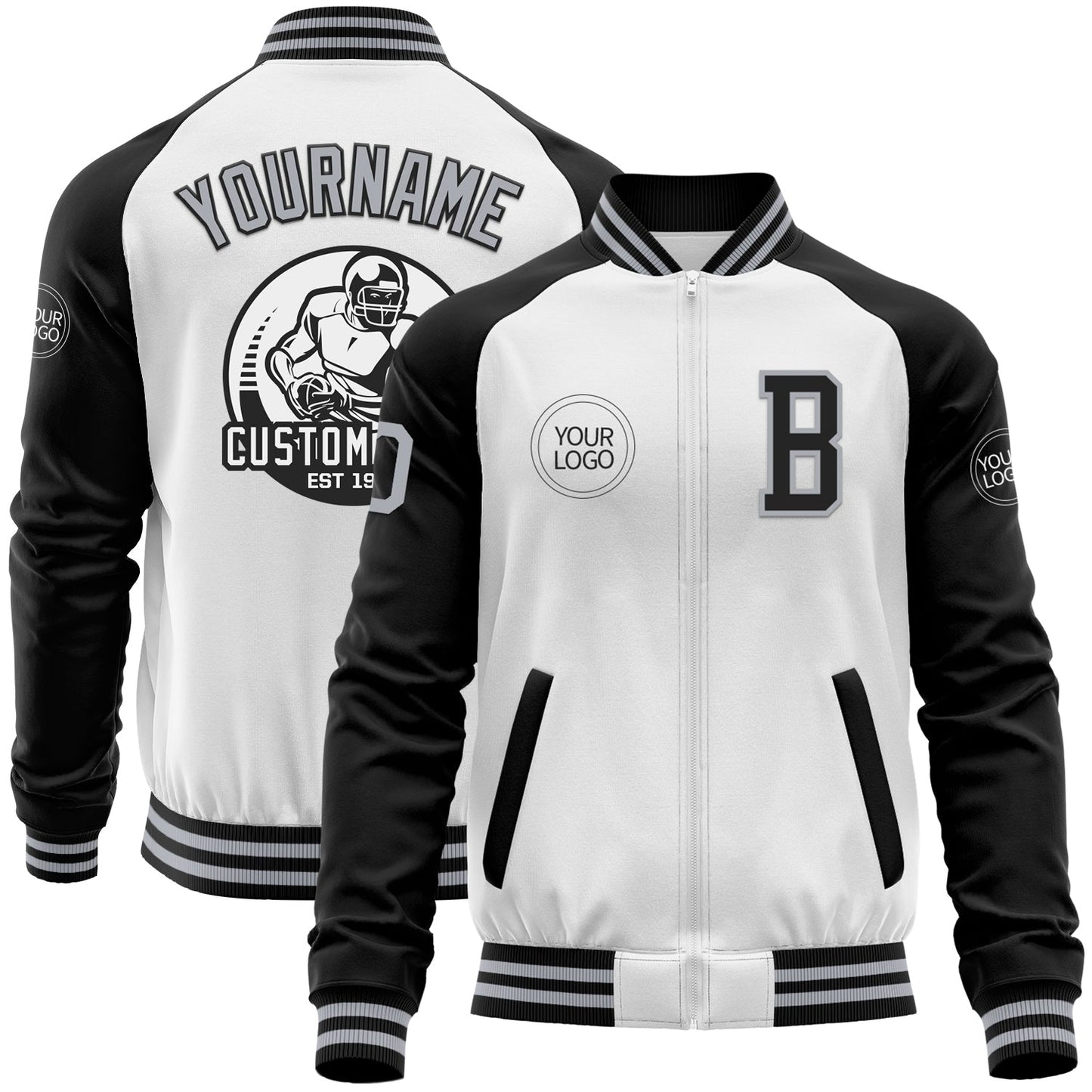 Custom White Gray-Black Bomber Varsity Letterman Two Tone Zipper Jacket - Main View
