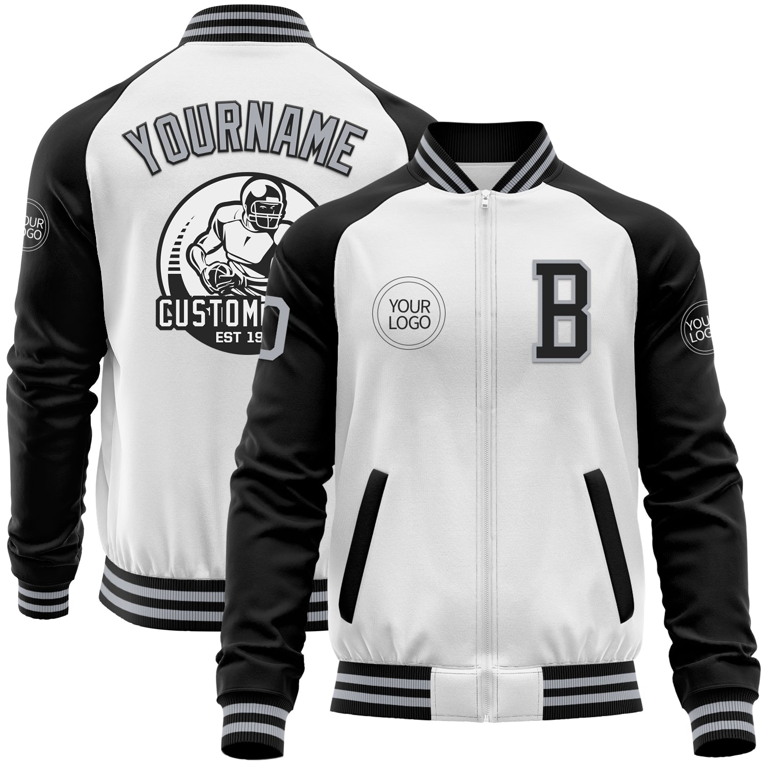 Custom White Gray-Black Bomber Varsity Letterman Two Tone Zipper Jacket - Main View