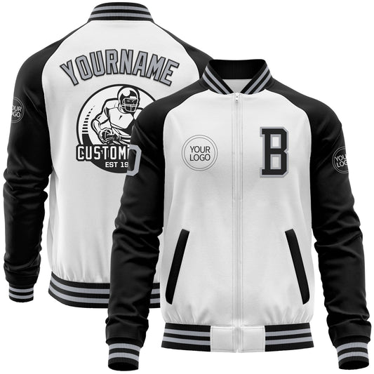 Custom White Gray-Black Bomber Varsity Letterman Two Tone Zipper Jacket - Main View
