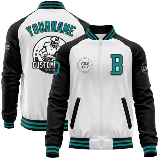 Custom White Teal-Black Bomber Varsity Letterman Two Tone Zipper Jacket - Main View