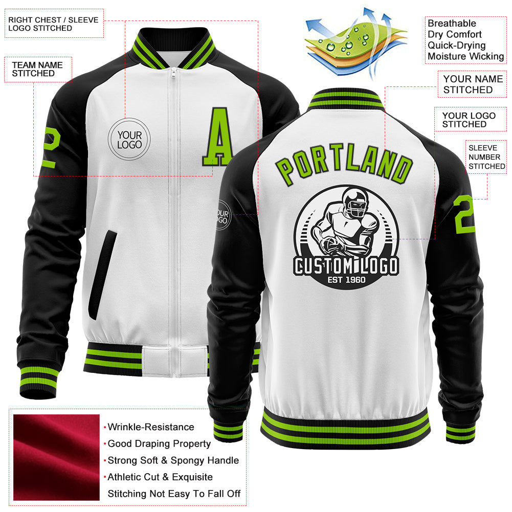 Custom White Neon Green-Black Bomber Varsity Letterman Two Tone Zipper Jacket view 4