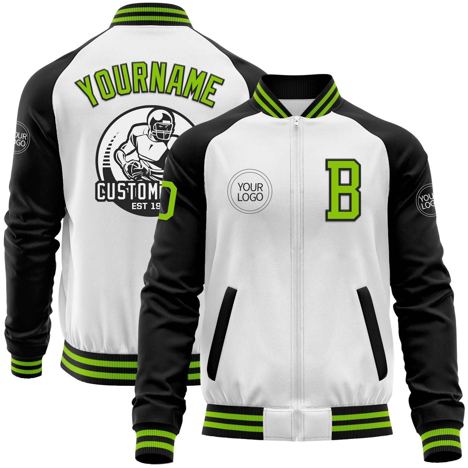 Custom White Neon Green-Black Bomber Varsity Letterman Two Tone Zipper Jacket - Main View