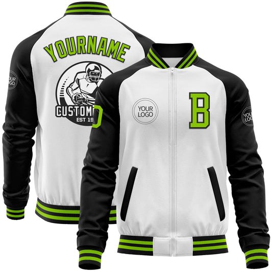 Custom White Neon Green-Black Bomber Varsity Letterman Two Tone Zipper Jacket - Main View