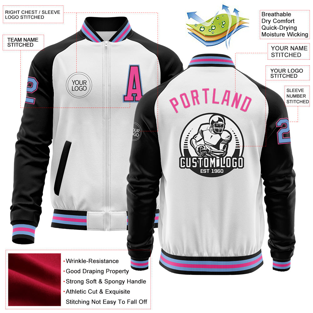 Custom White Light Blue Black-Pink Bomber Varsity Letterman Two Tone Zipper Jacket view 4