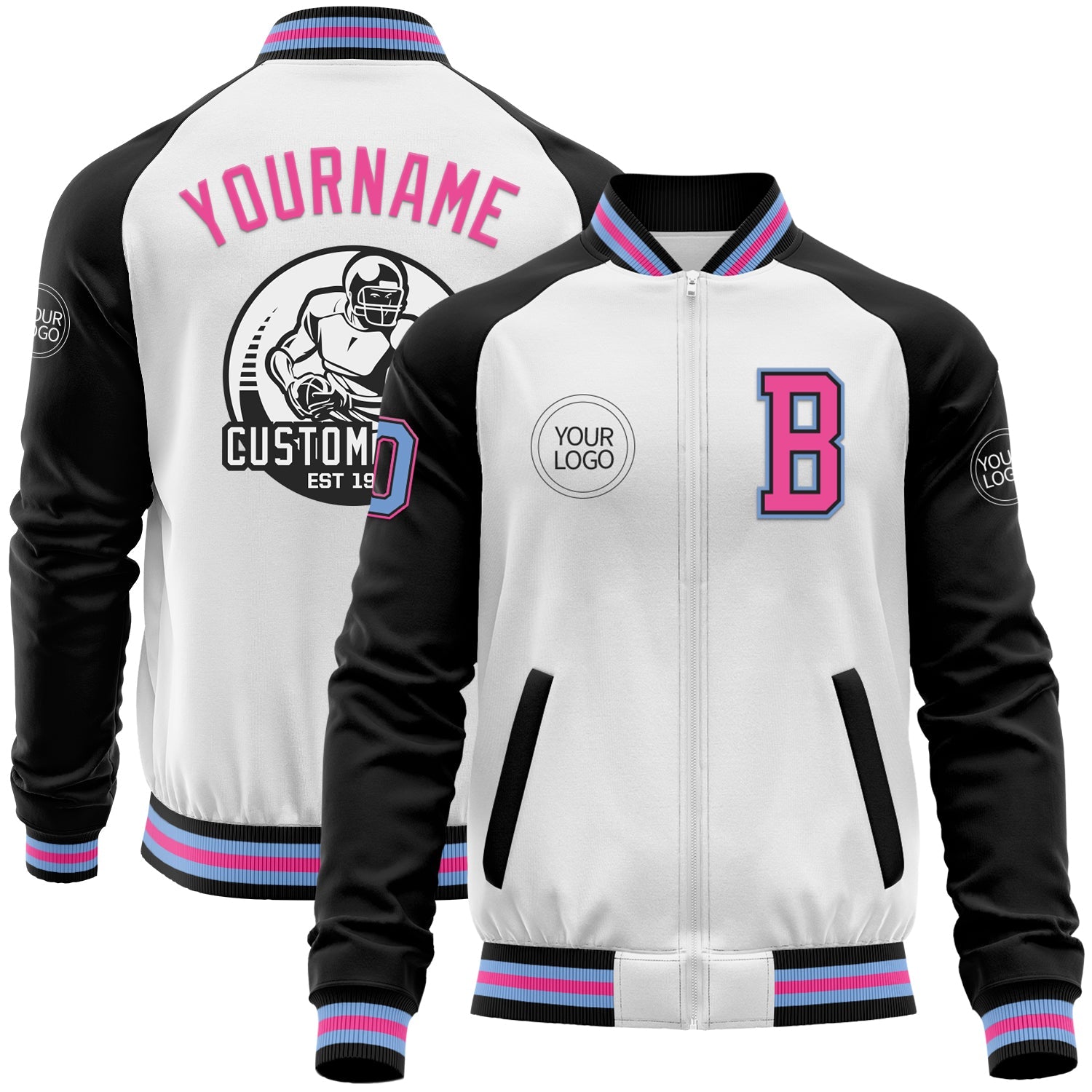 Custom White Light Blue Black-Pink Bomber Varsity Letterman Two Tone Zipper Jacket - Main View
