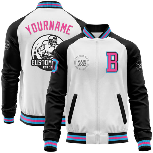 Custom White Sky Blue Black-Pink Bomber Varsity Letterman Two Tone Zipper Jacket - Main View