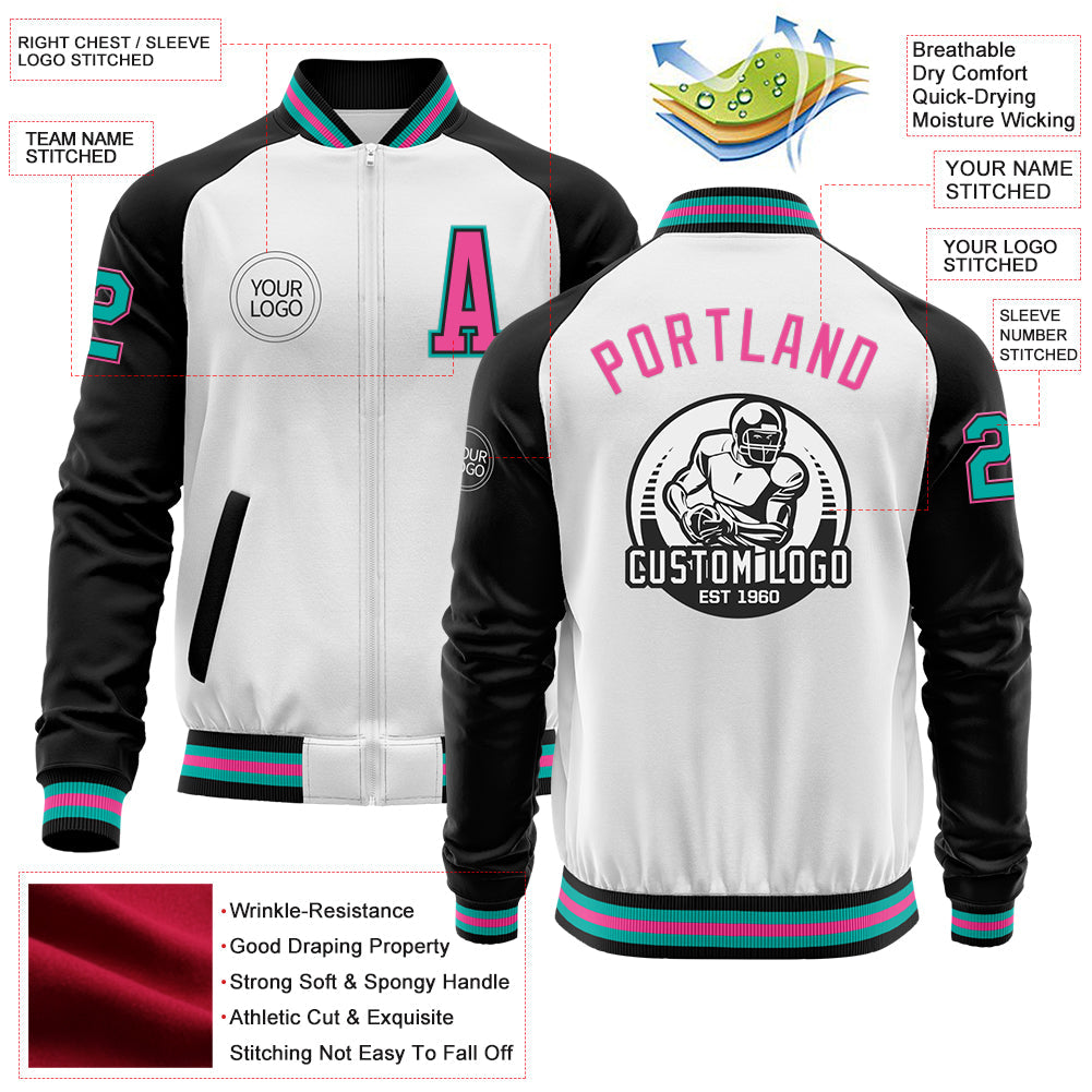 Custom White Aqua Black-Pink Bomber Varsity Letterman Two Tone Zipper Jacket view 4
