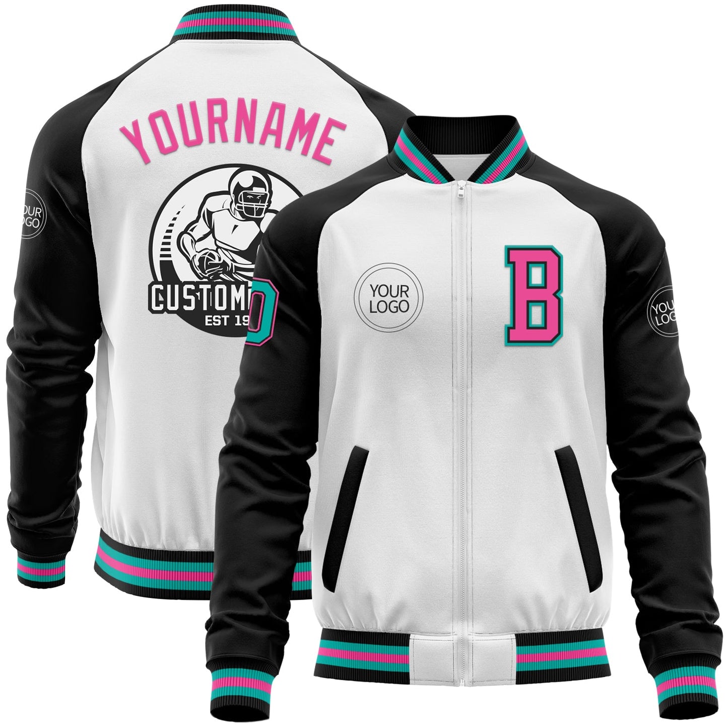 Custom White Aqua Black-Pink Bomber Varsity Letterman Two Tone Zipper Jacket - Main View