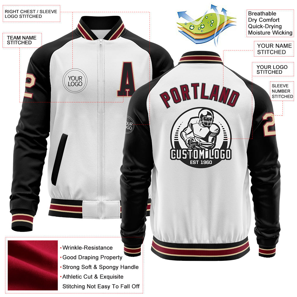 Custom White Cream Crimson City Cream-Black Bomber Varsity Letterman Two Tone Zipper Jacket view 4