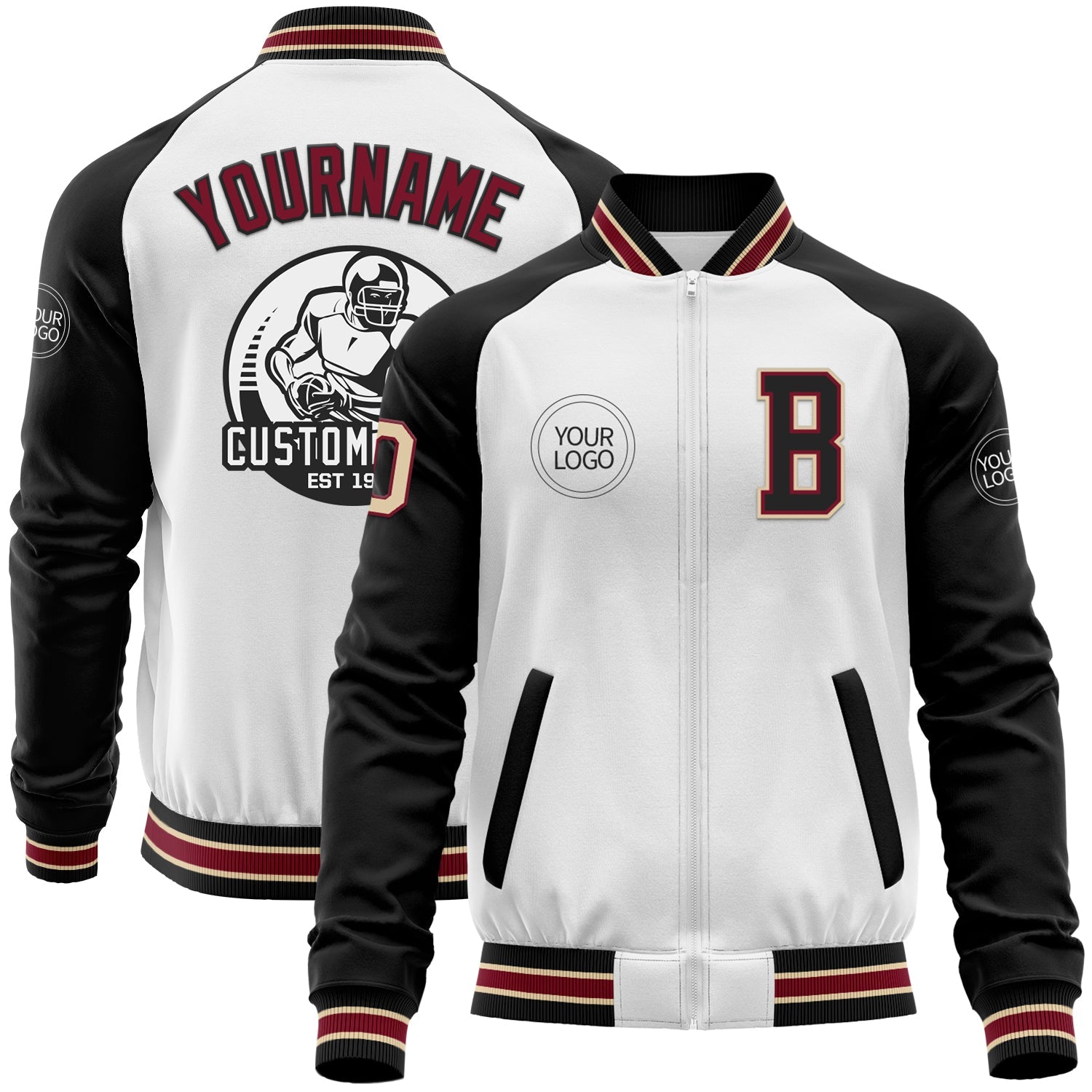 Custom White Cream Crimson City Cream-Black Bomber Varsity Letterman Two Tone Zipper Jacket - Main View