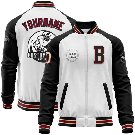 Custom White Cream Crimson City Cream-Black Bomber Varsity Letterman Two Tone Zipper Jacket - Main View