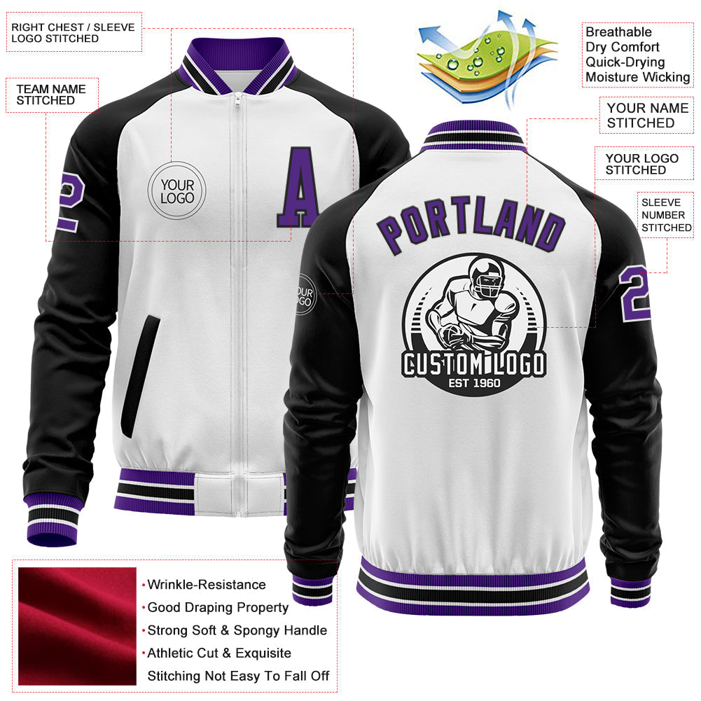 Custom White Purple-Black Bomber Varsity Letterman Two Tone Zipper Jacket view 4