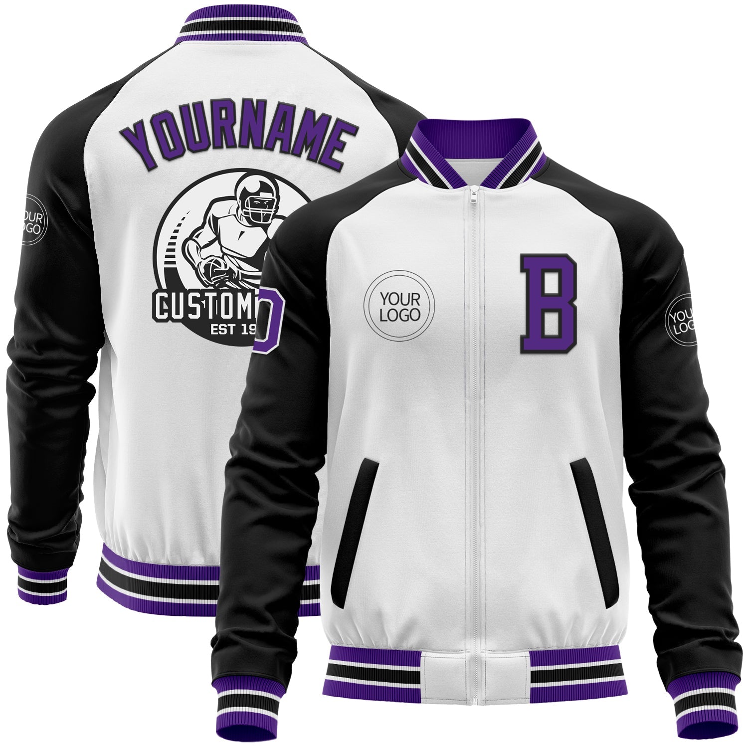 Custom White Purple-Black Bomber Varsity Letterman Two Tone Zipper Jacket - Main View