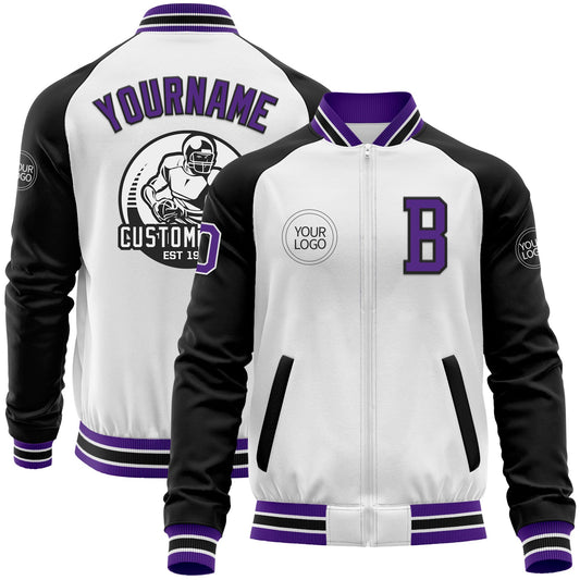 Custom White Purple-Black Bomber Varsity Letterman Two Tone Zipper Jacket - Main View