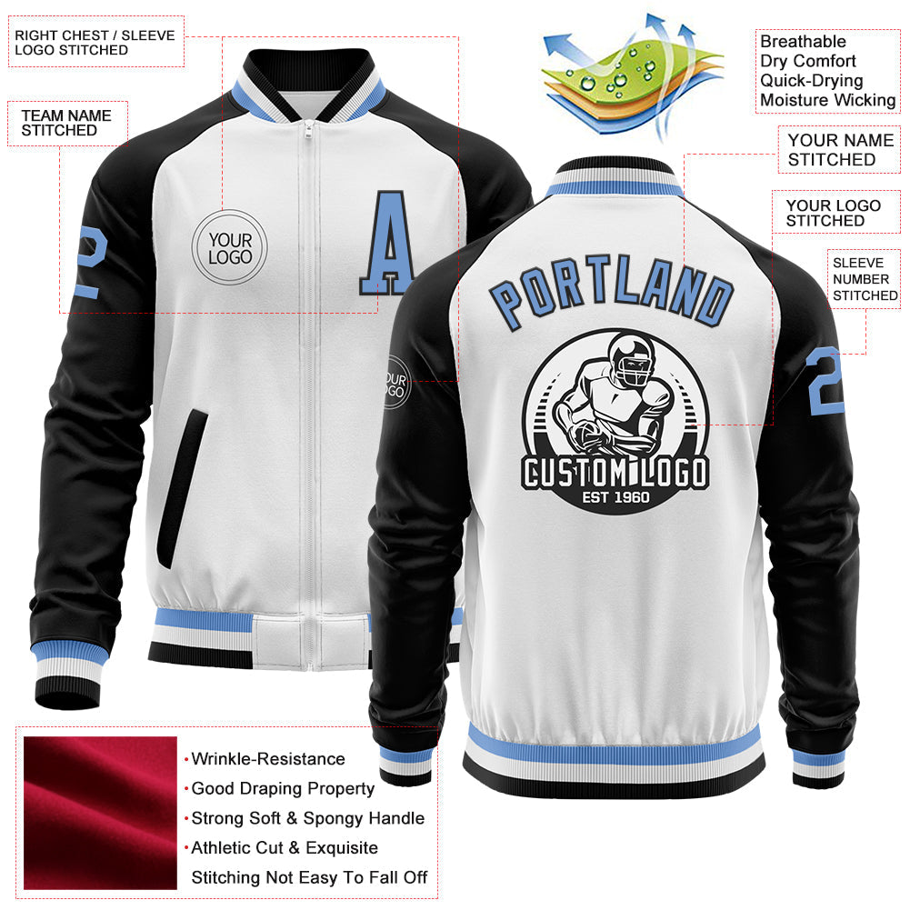Custom White Light Blue-Black Bomber Varsity Letterman Two Tone Zipper Jacket view 4