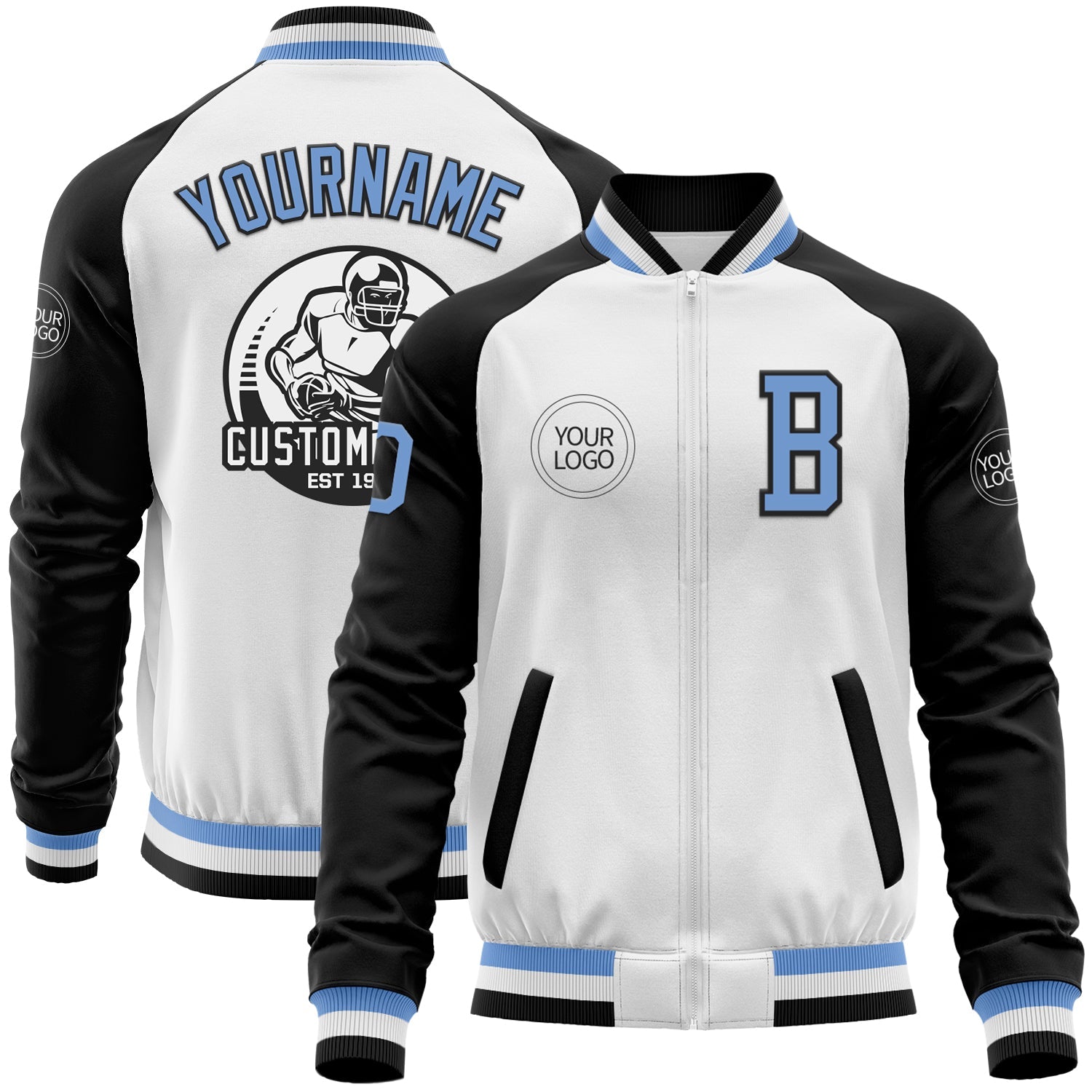 Custom White Light Blue-Black Bomber Varsity Letterman Two Tone Zipper Jacket - Main View
